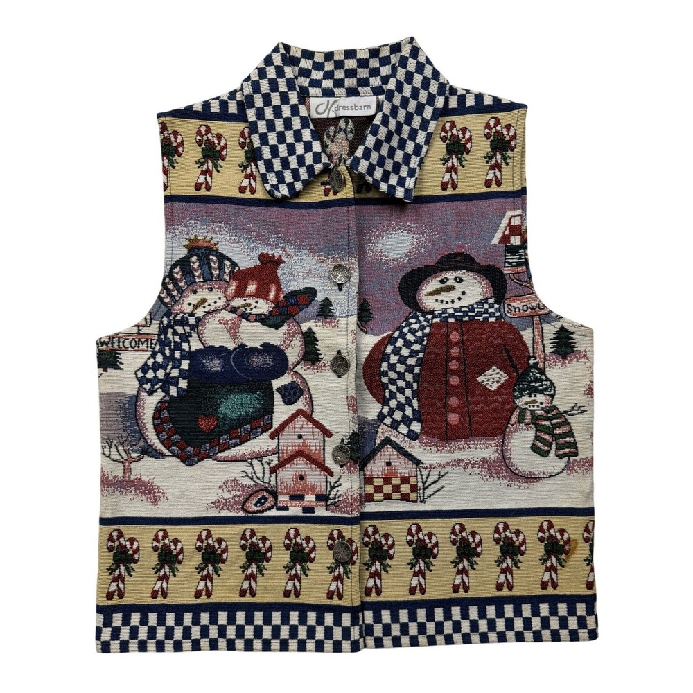 Vintage 90s Dressbarn Snowman Christmas Tapestry Vest Small Holiday Kitsch